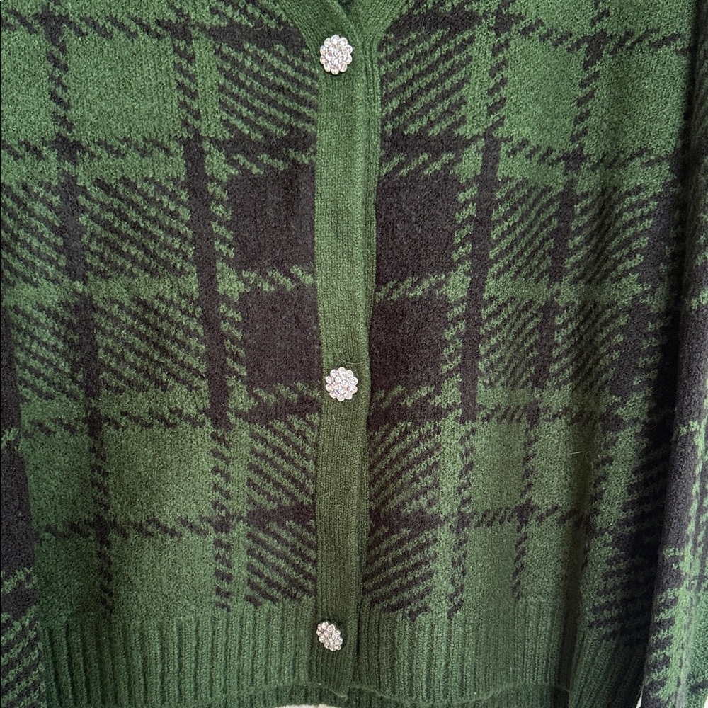 Forest Green Plaid V-Neck Cardigan Sweater - Picture 3 of 7